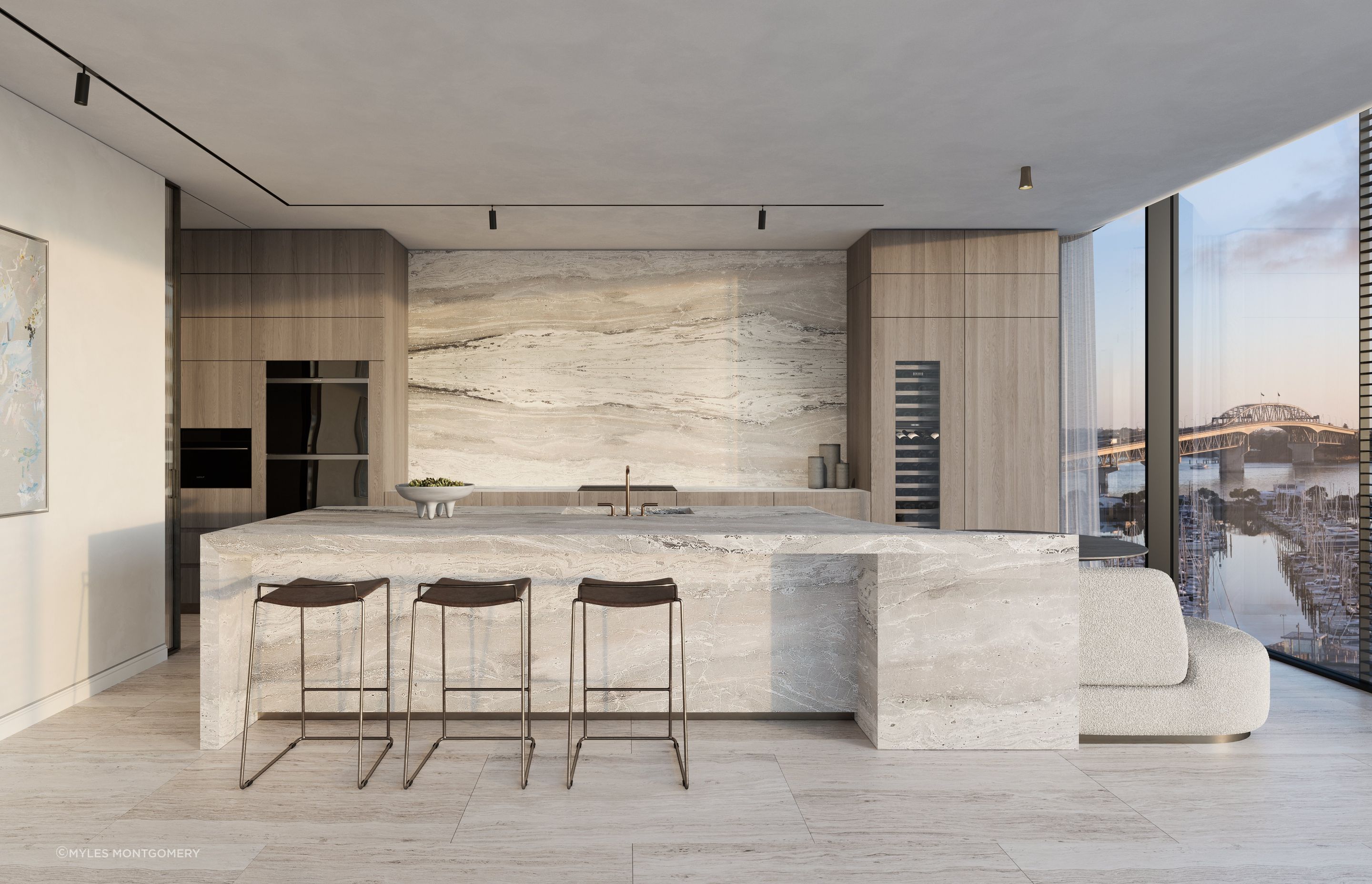 Spectacularly appointed bespoke show and butlers kitchen, with twin areas for cooking and preparation are made for master chefs and entertainers. Marble clad benches and splashbacks adorn the pared back kitchens featuring Sub-Zero Wolf appliances.