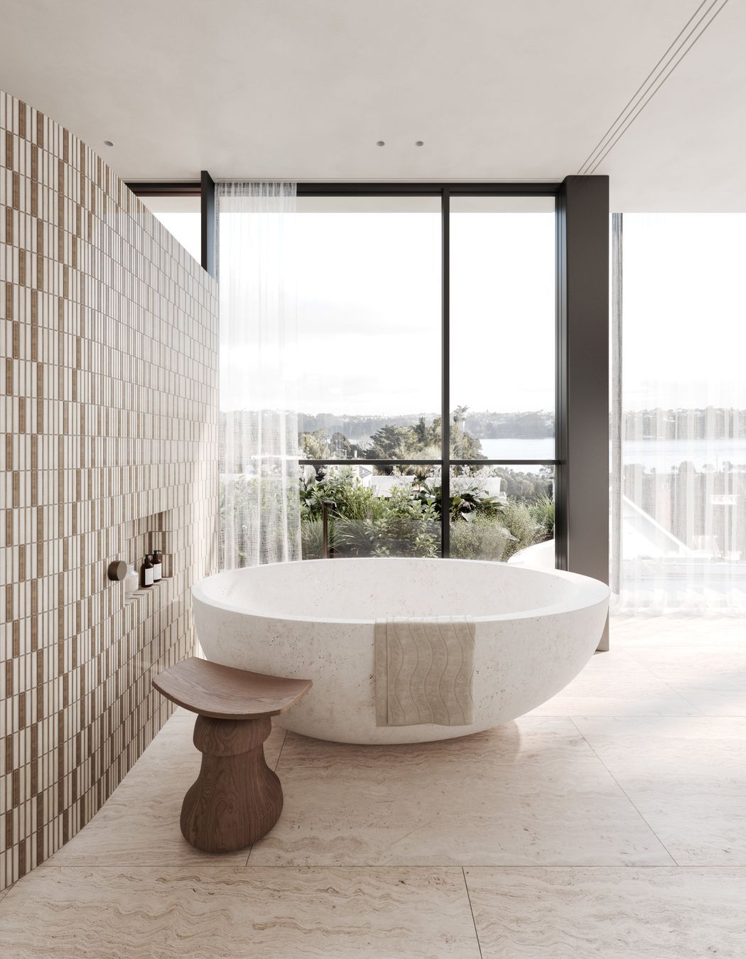 Indulgent ensuites featuring freestanding bathtubs and outdoor planting.