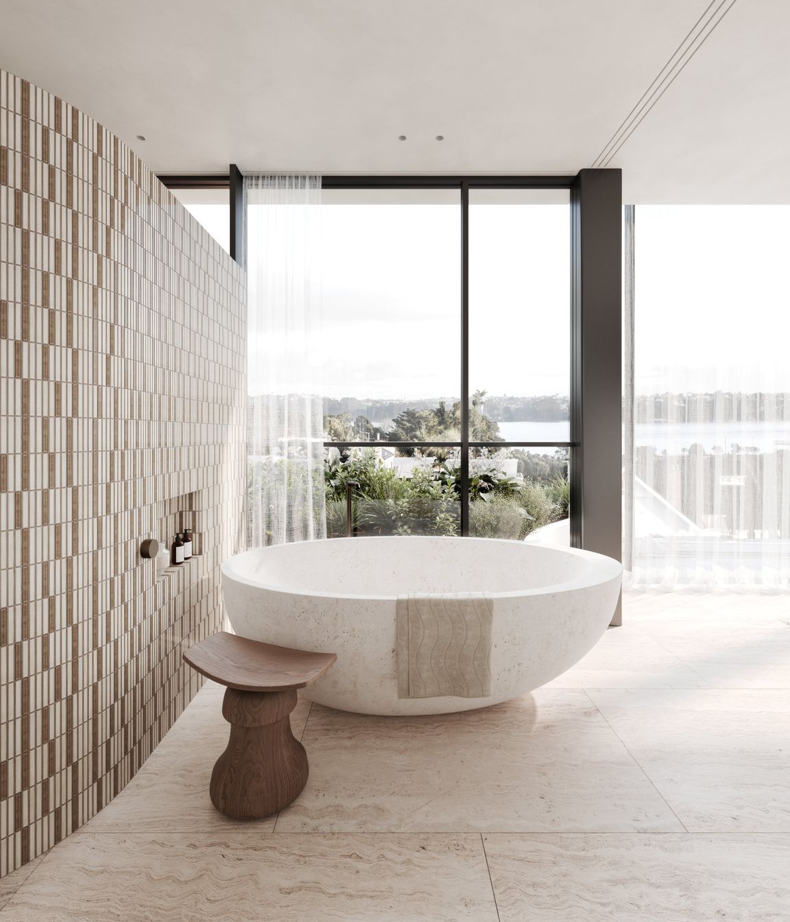 Indulgent ensuites featuring freestanding bathtubs and outdoor planting.
