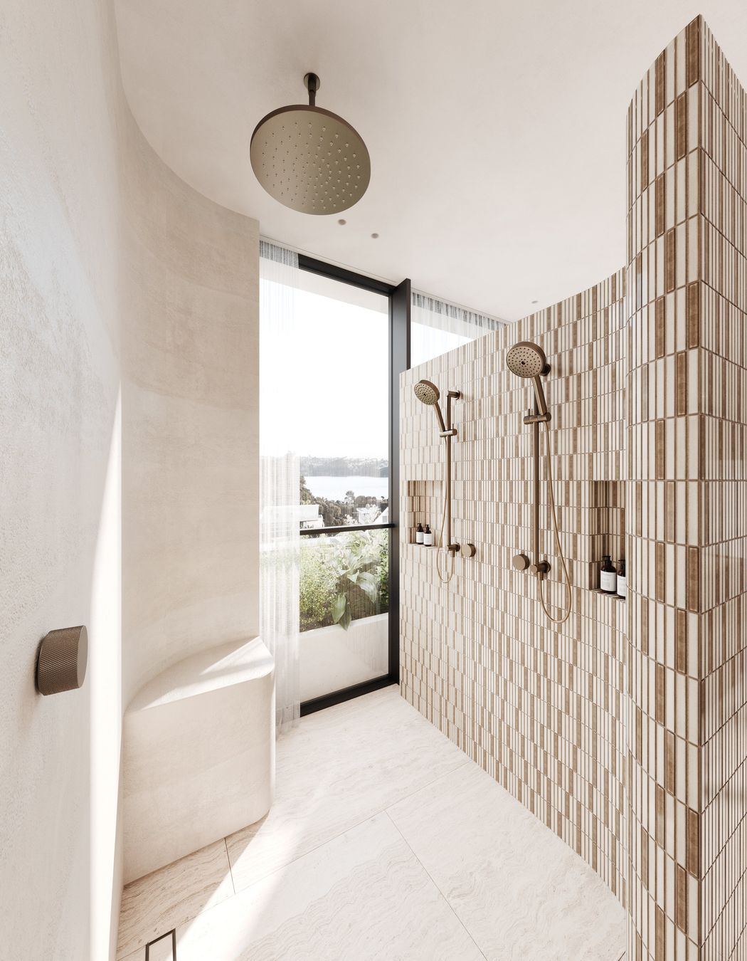Refined double showers provide a ritualistic setting.