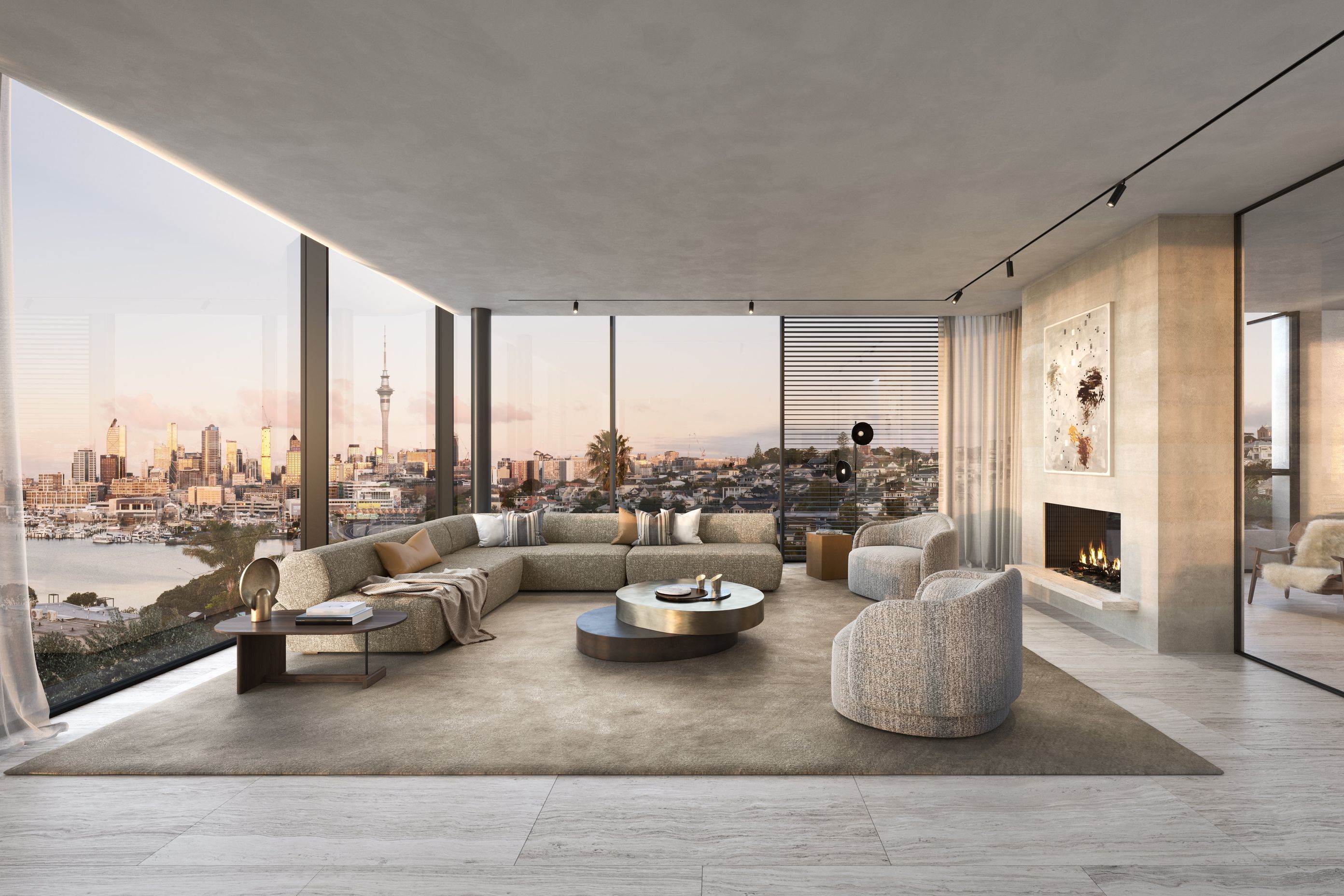 Panoramic views provide a backdrop to stunning open living spaces flanked by feature plastered fireplaces connecting to the adjoining loggia.
