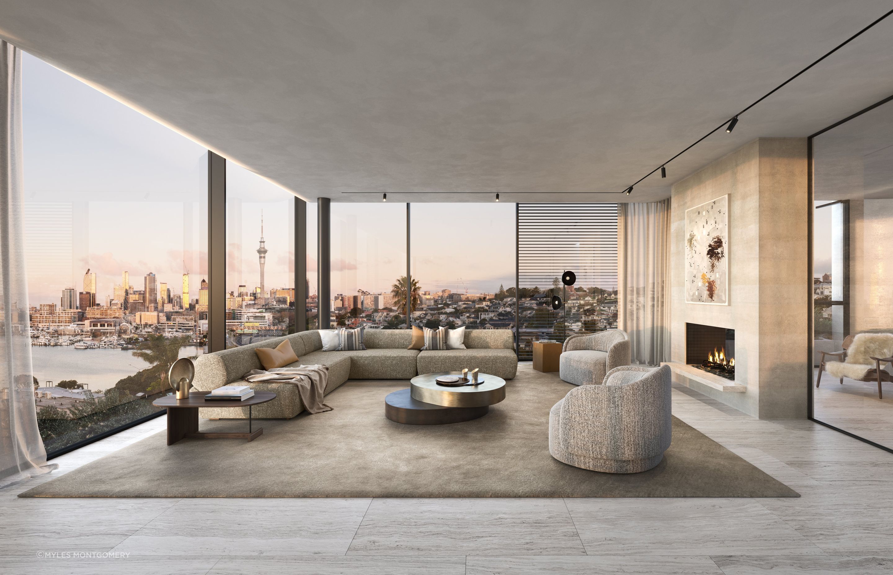 Panoramic views provide a backdrop to stunning open living spaces flanked by feature plastered fireplaces connecting to the adjoining loggia.