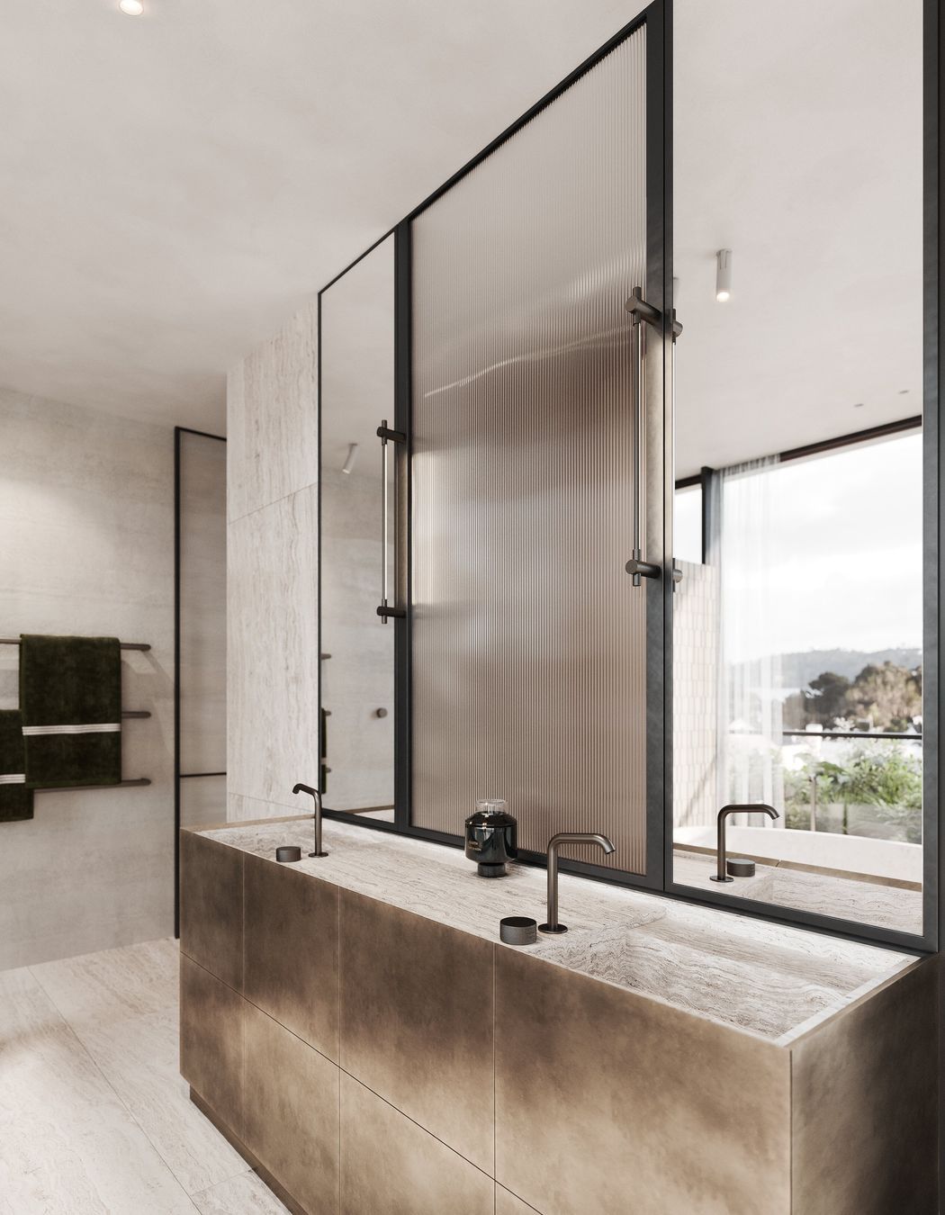Travertine and brass edge vanity provide a truth of materiality.