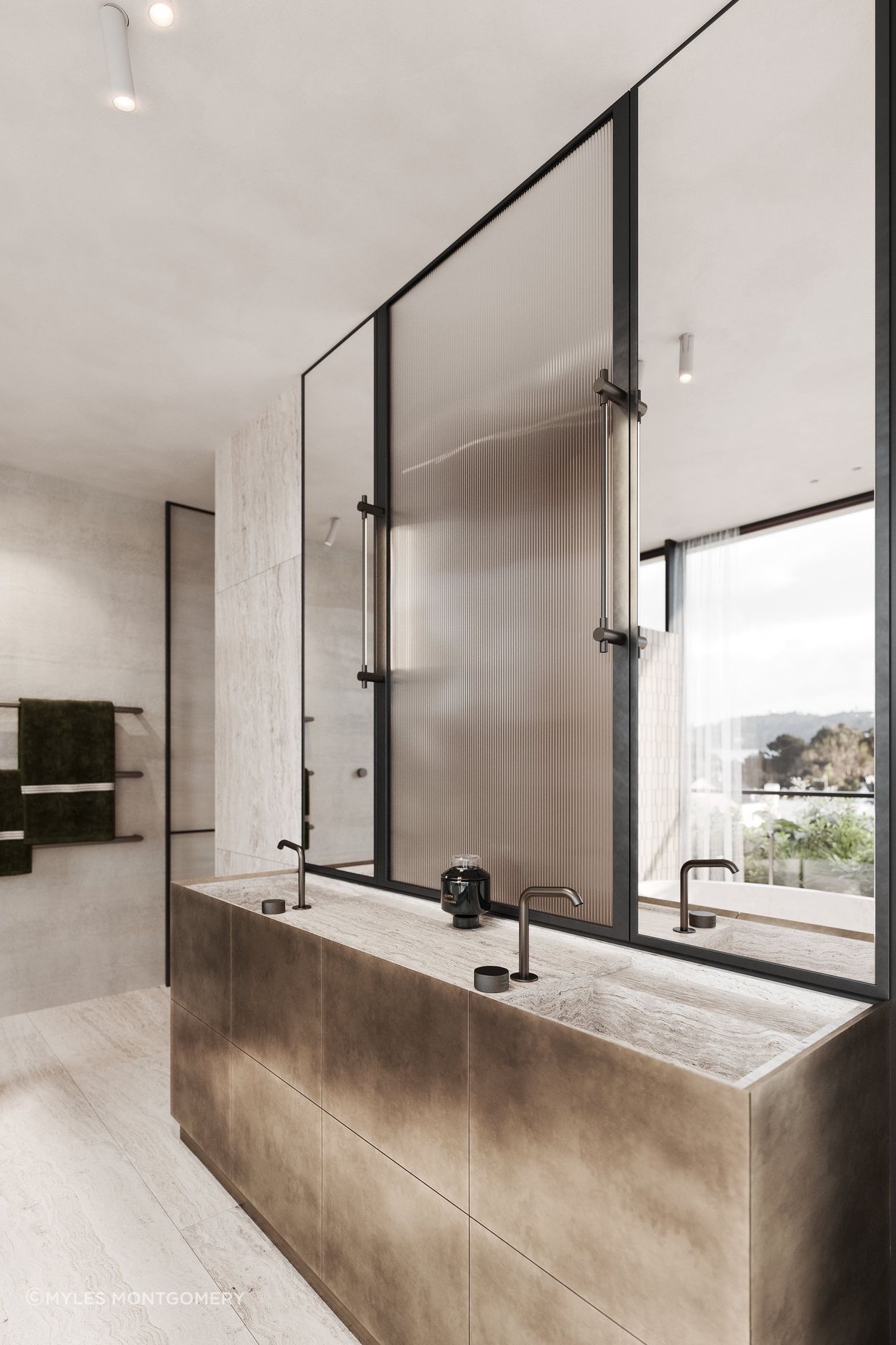 Travertine and brass edge vanity provide a truth of materiality.