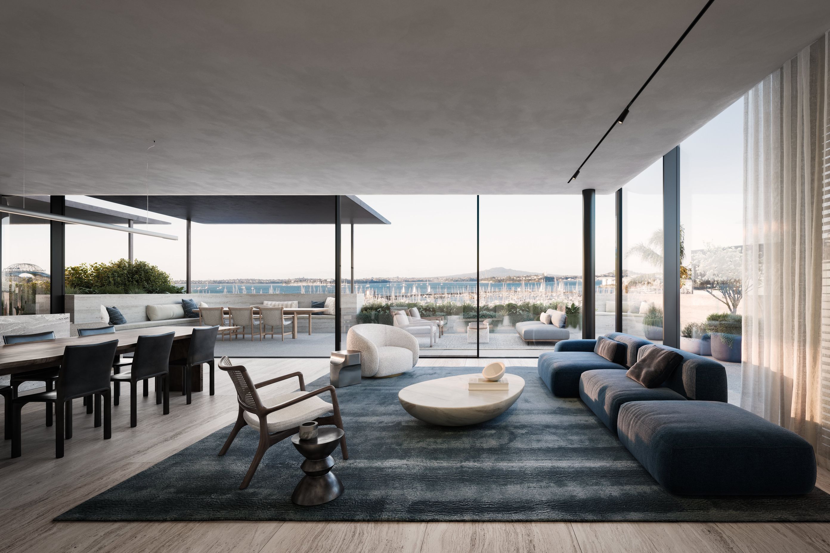 The eastern terrace offers panoramic views of Waitemata Harbour out to Rangitoto.