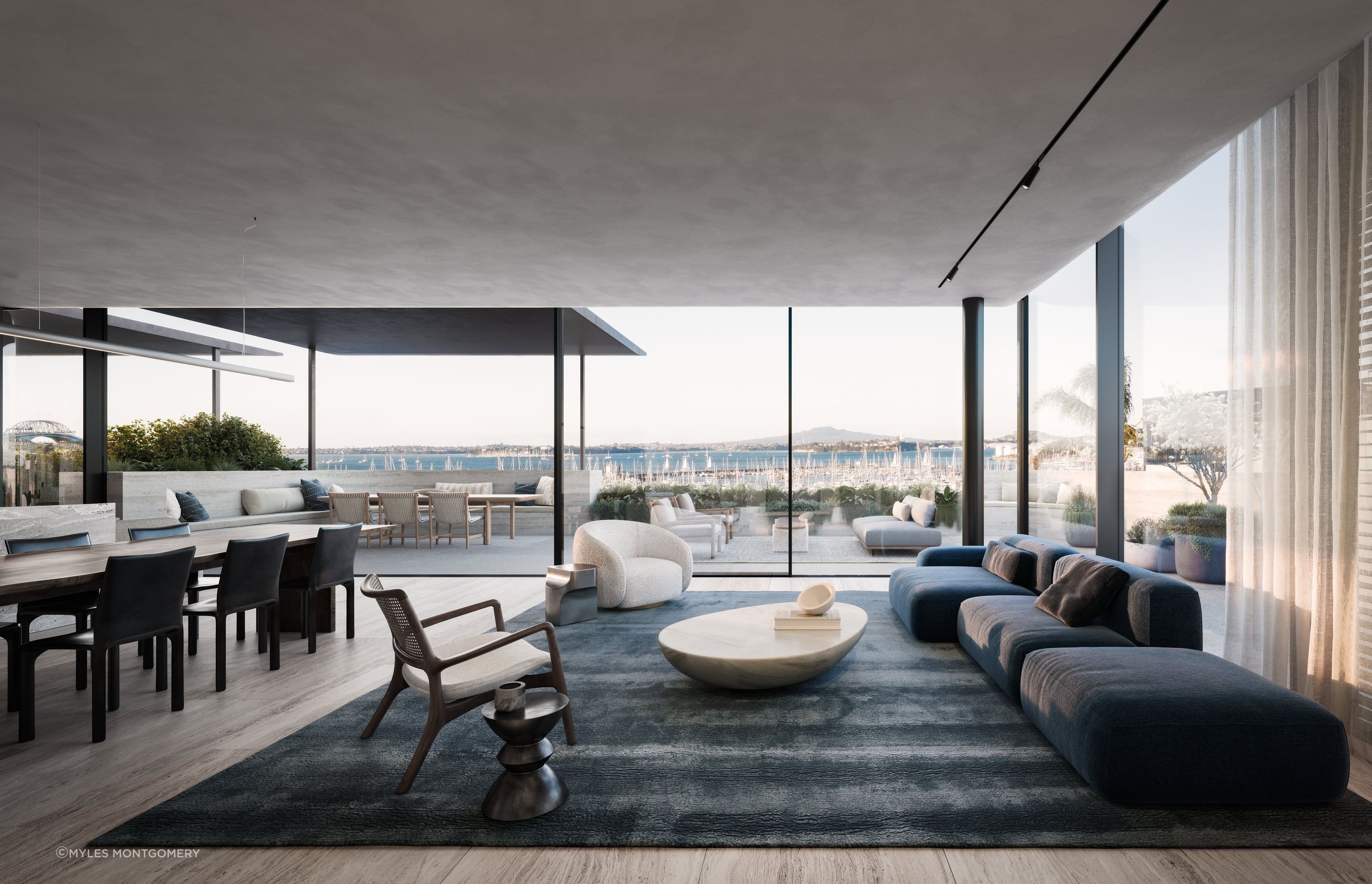 The eastern terrace offers panoramic views of Waitemata Harbour out to Rangitoto.