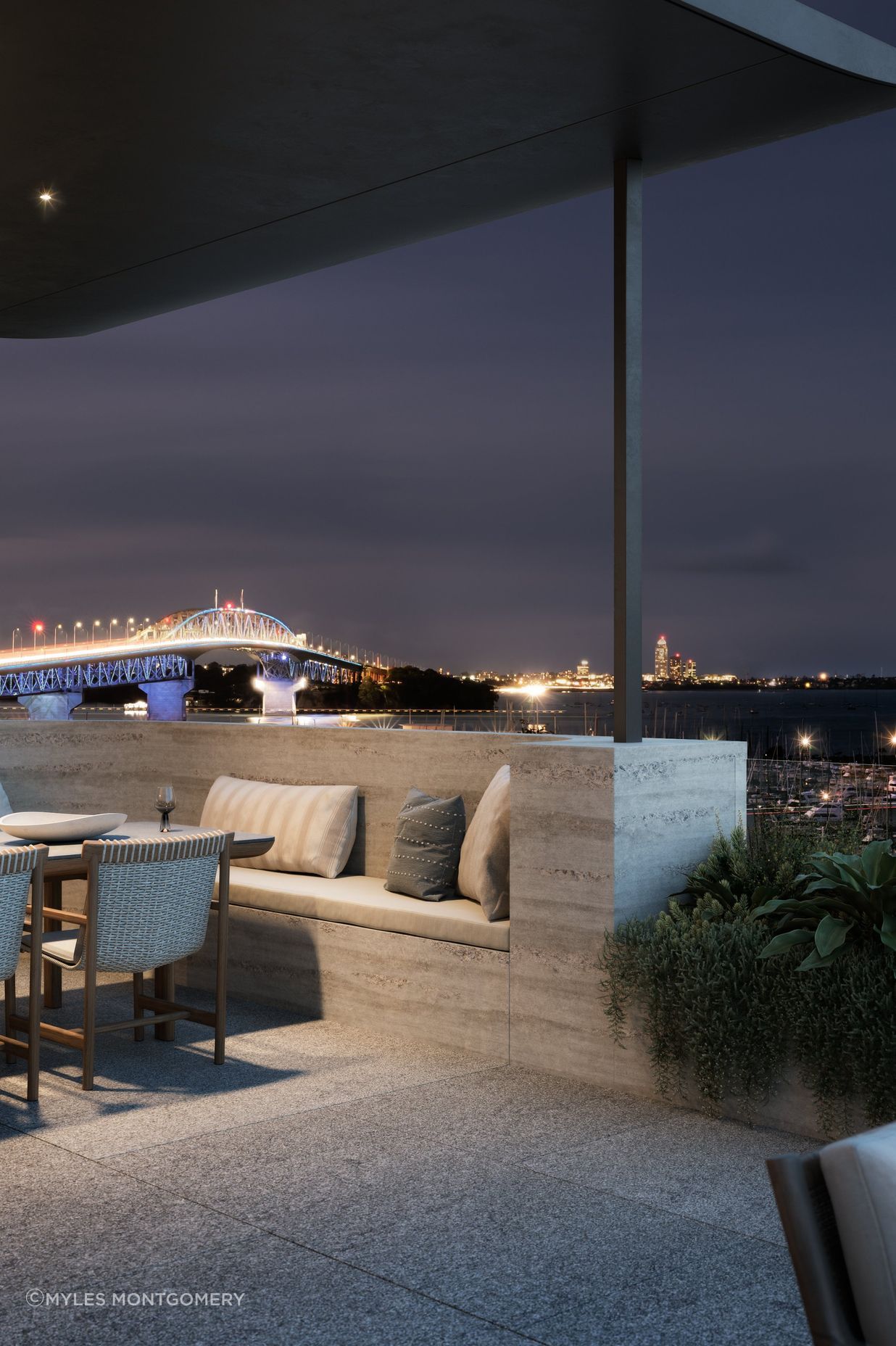 Terrace dining offers views of the Auckland Harbour bridge on the Waitemata harbour.