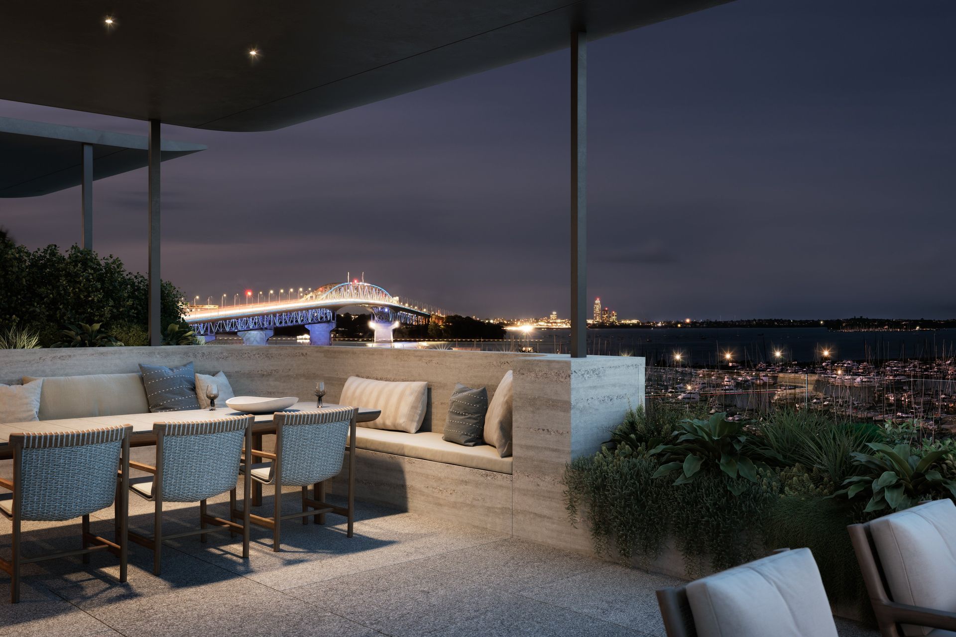Terrace dining offers views of the Auckland Harbour bridge on the Waitemata harbour.