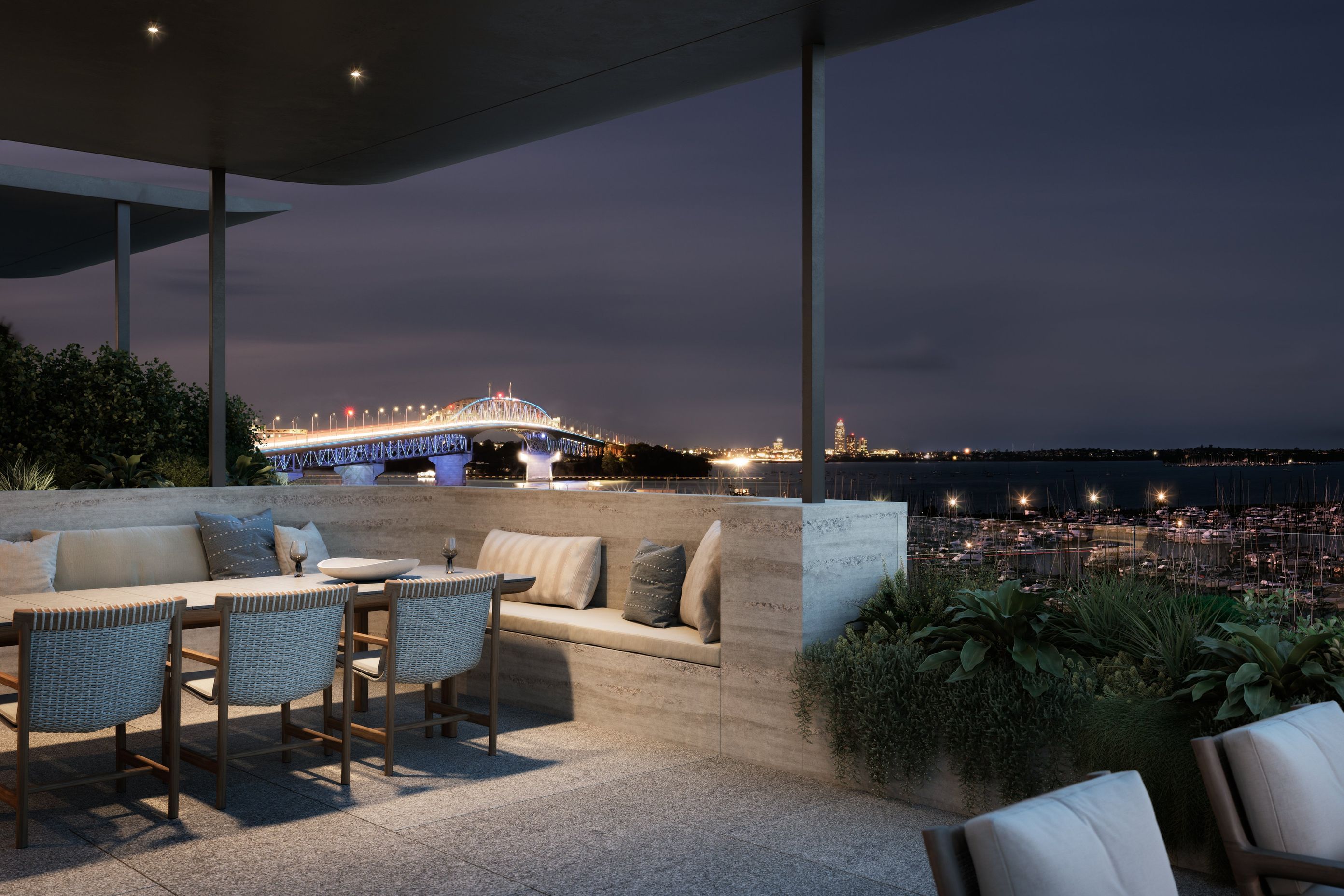 Terrace dining offers views of the Auckland Harbour bridge on the Waitemata harbour.