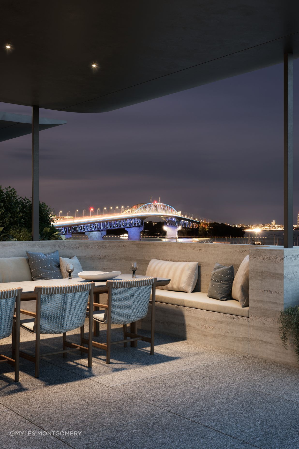 Terrace dining offers views of the Auckland Harbour bridge on the Waitemata harbour.