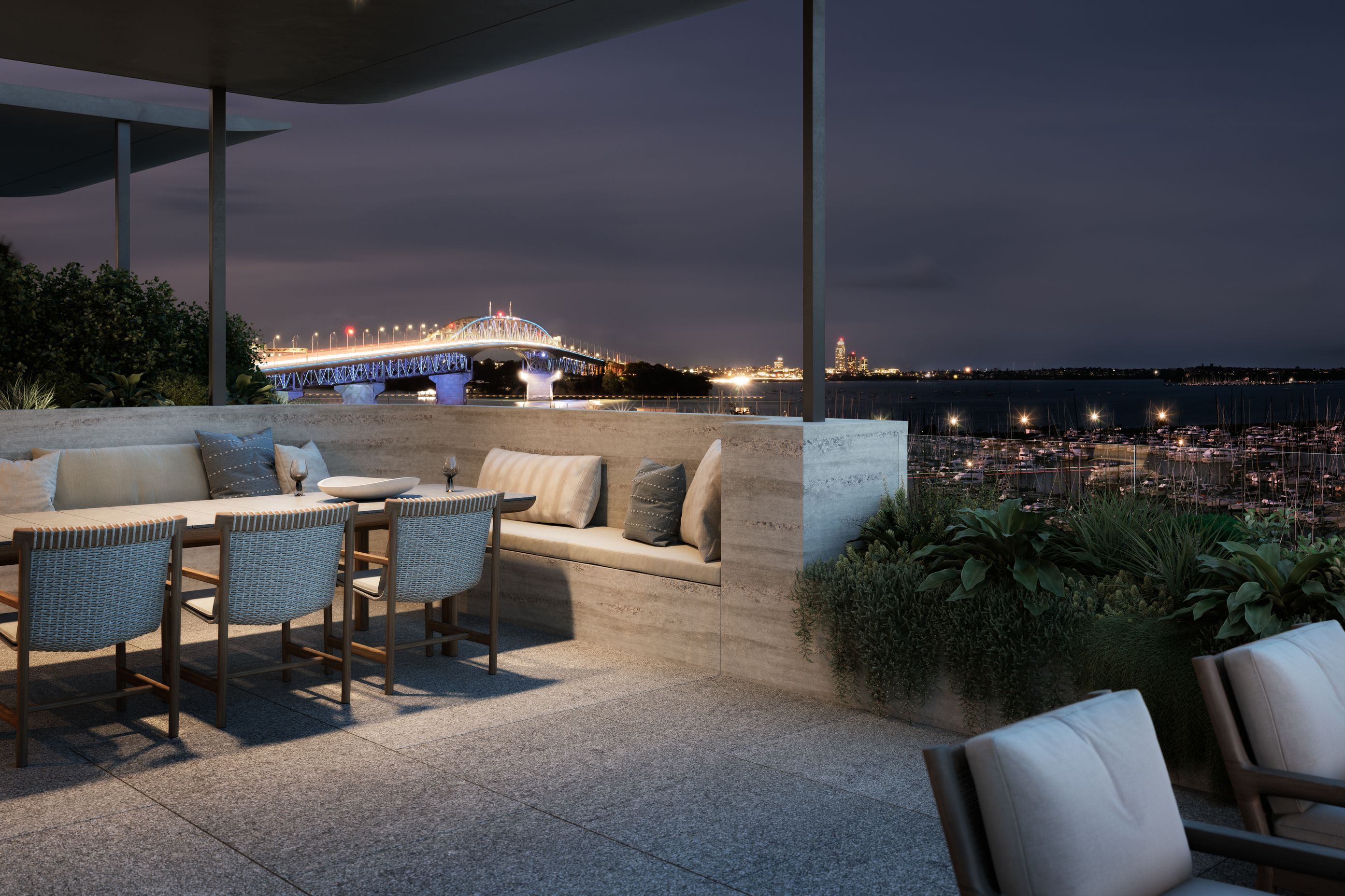 Terrace dining offers views of the Auckland Harbour bridge on the Waitemata harbour.