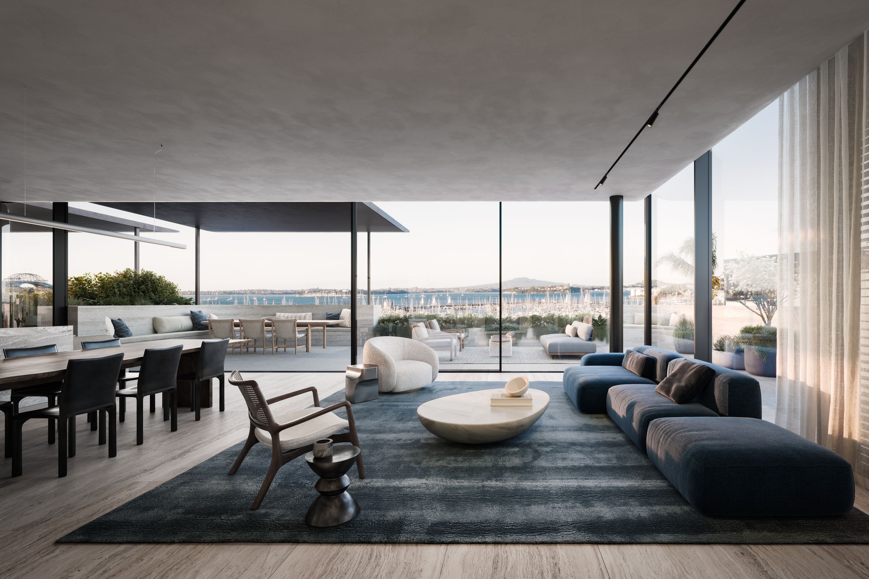 The eastern terrace offers panoramic views of Waitemata Harbour out to Rangitoto.