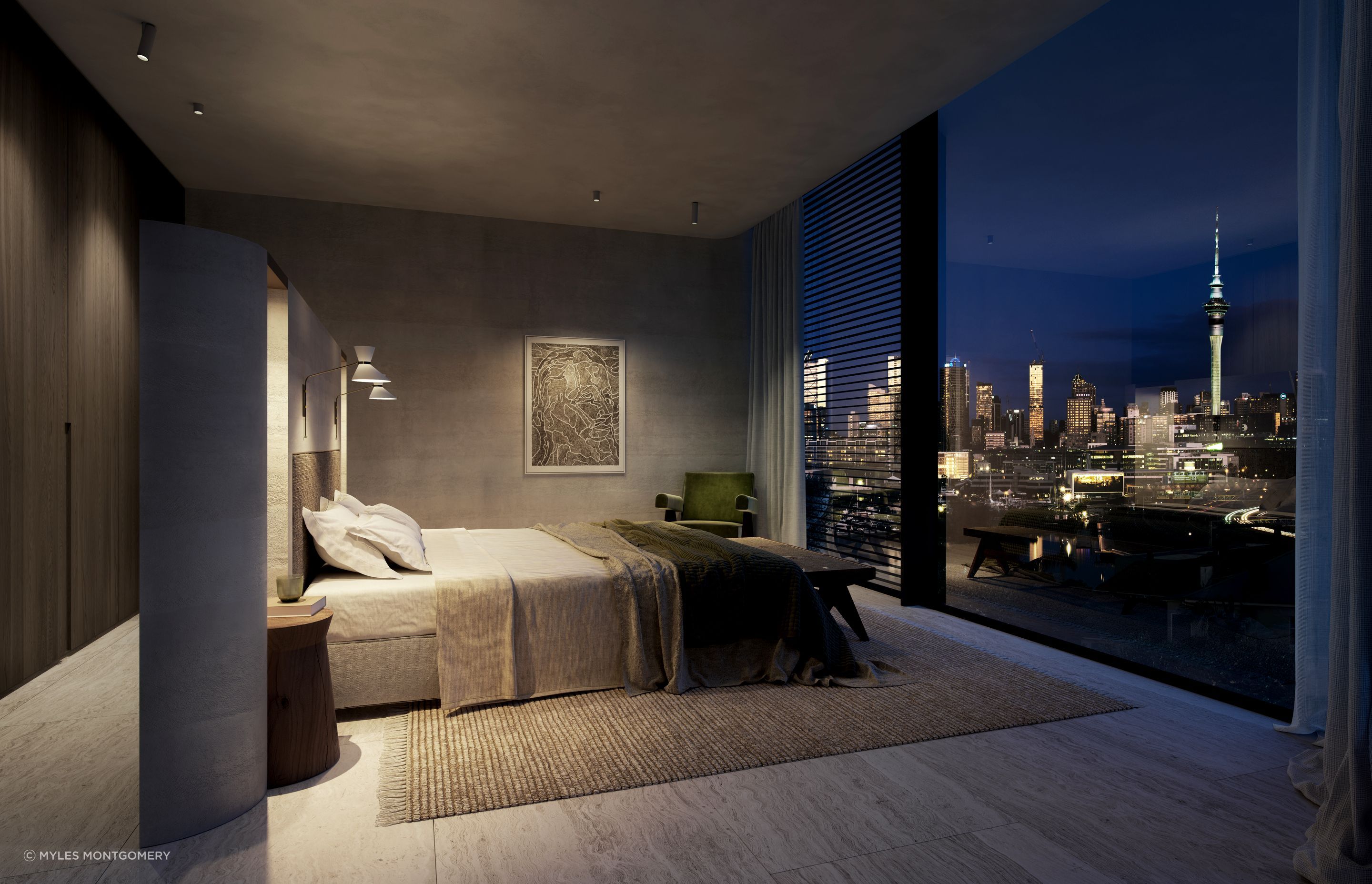 Large stone floored bedrooms provide respite from busy city life.