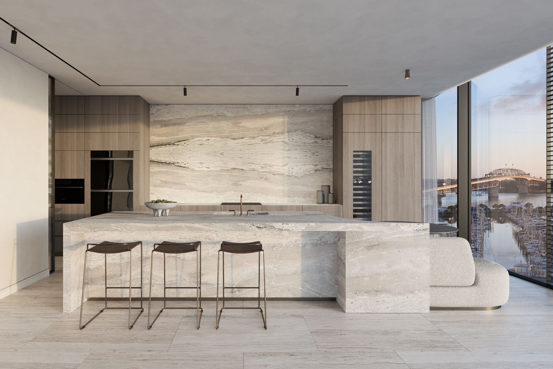 Spectacularly appointed bespoke show and butlers kitchen, with twin areas for cooking and preparation are made for master chefs and entertainers. Marble clad benches and splashbacks adorn the pared back kitchens featuring Sub-Zero Wolf appliances.