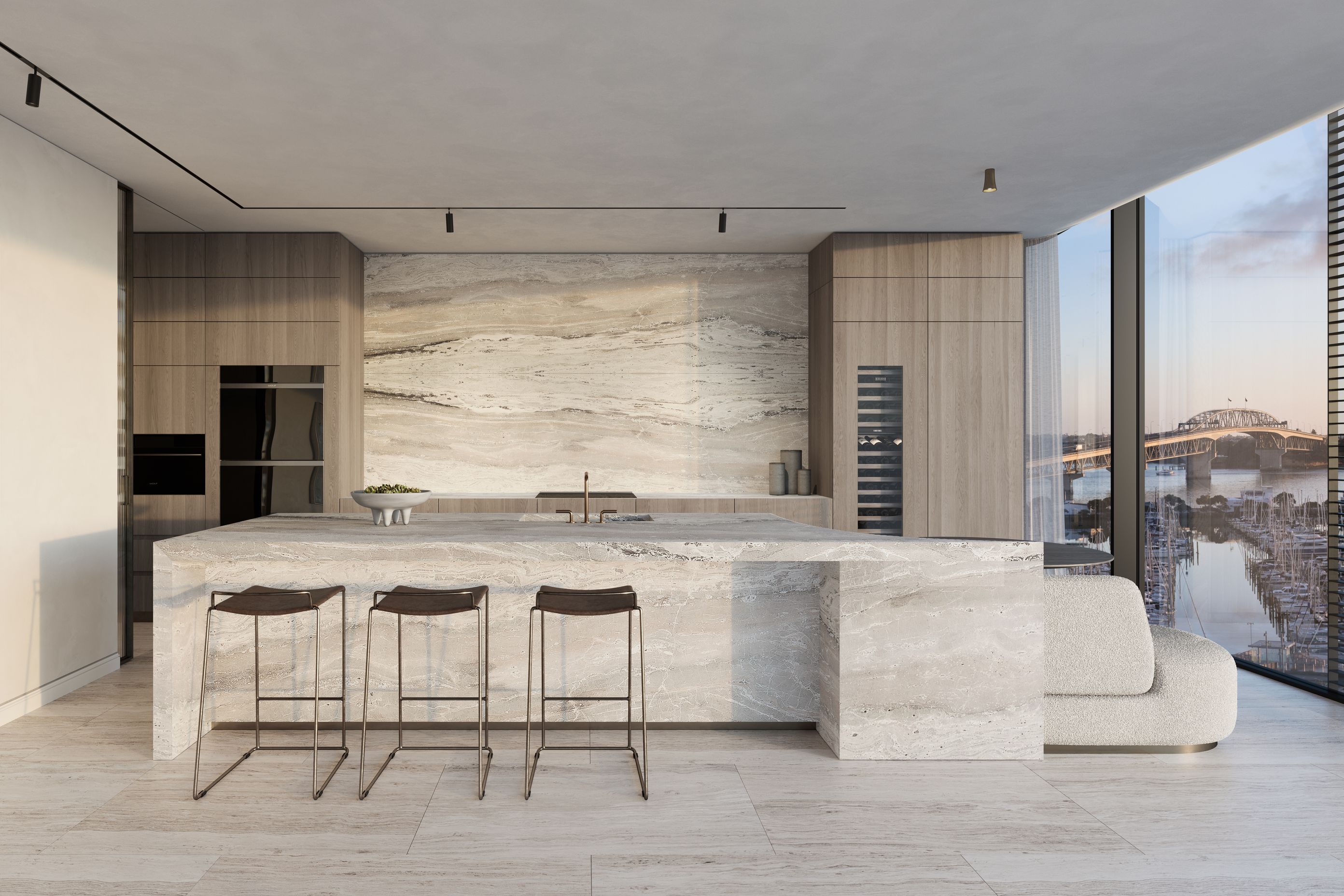 Spectacularly appointed bespoke show and butlers kitchen, with twin areas for cooking and preparation are made for master chefs and entertainers. Marble clad benches and splashbacks adorn the pared back kitchens featuring Sub-Zero Wolf appliances.
