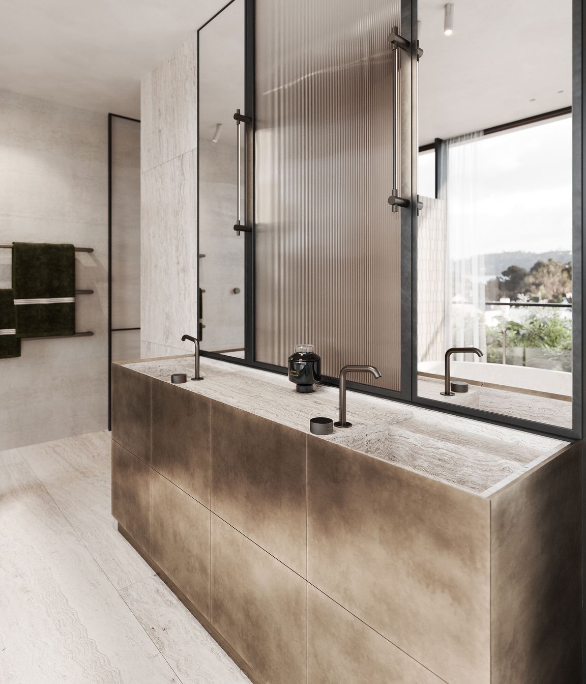 Travertine and brass edge vanity provide a truth of materiality.