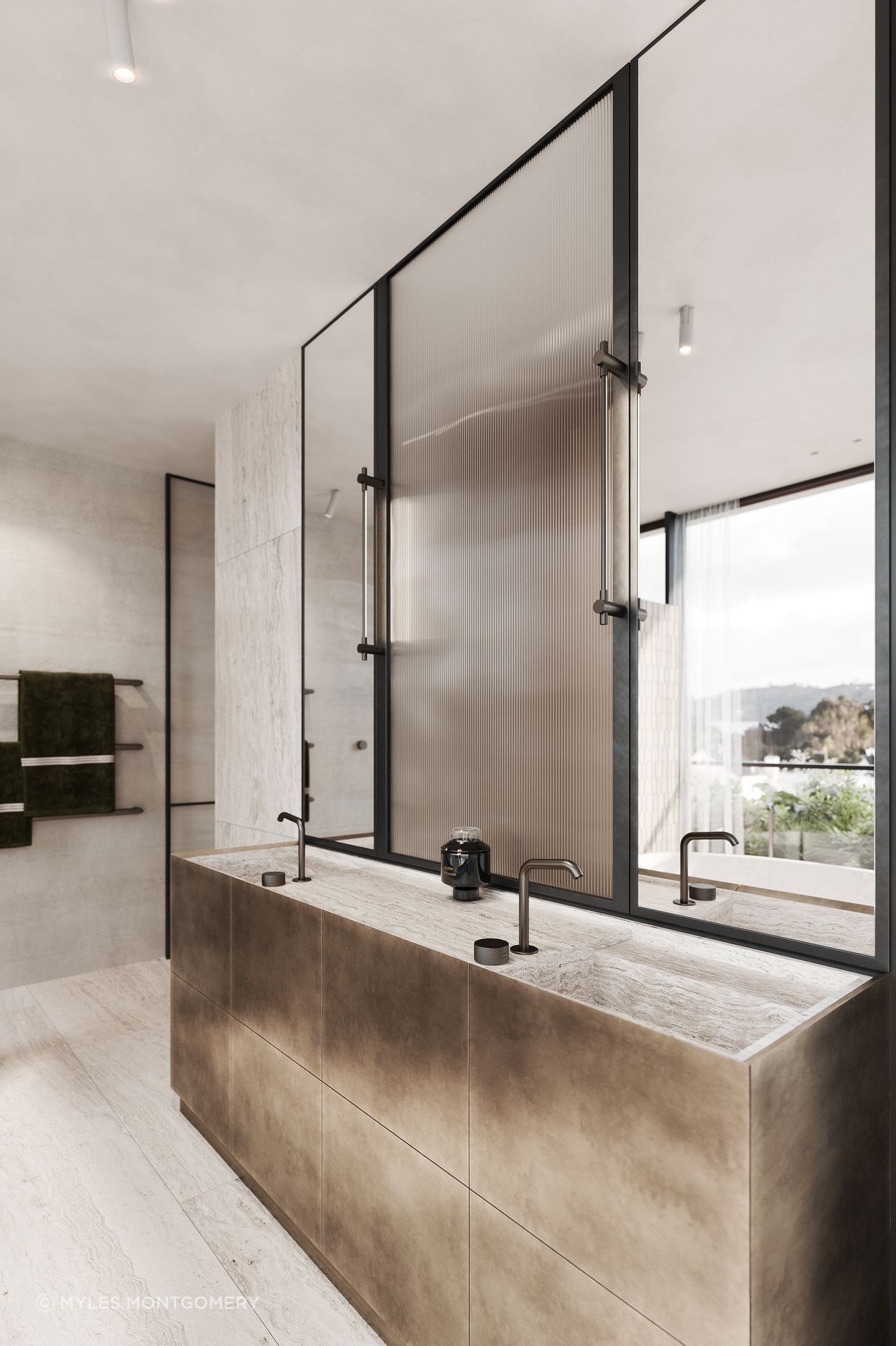 Travertine and brass edge vanity provide a truth of materiality.