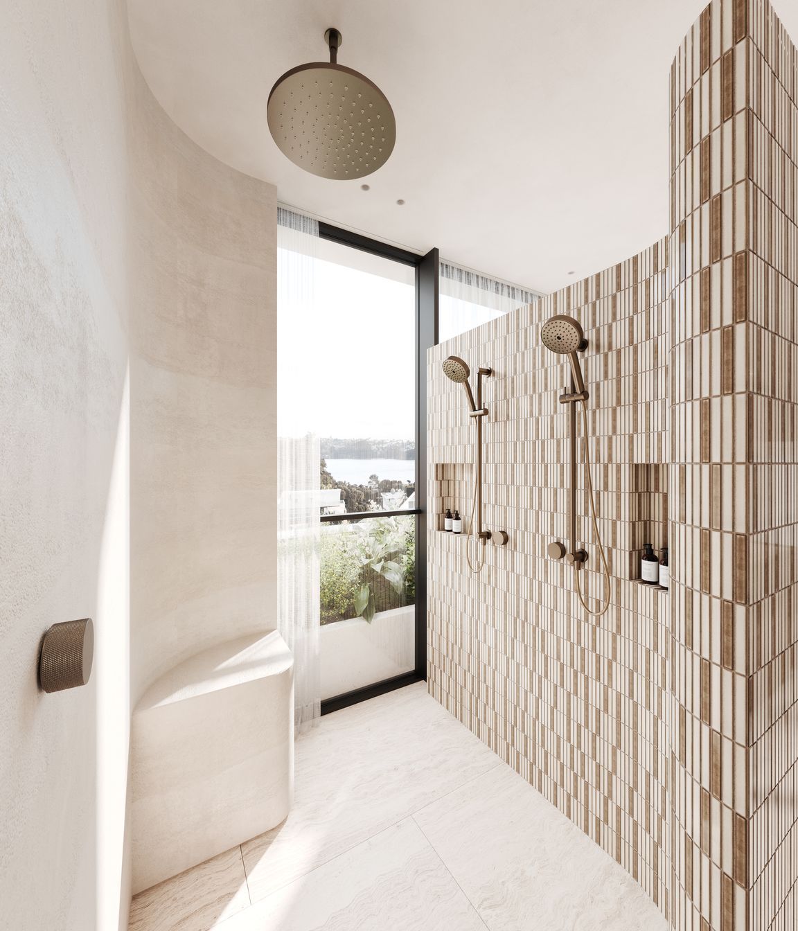 Refined double showers provide a ritualistic setting.