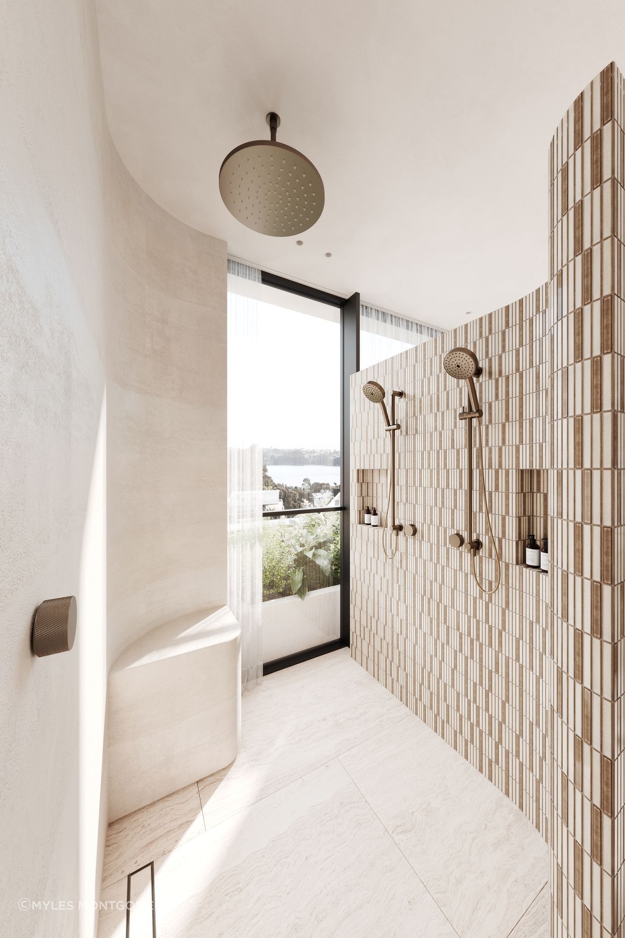 Refined double showers provide a ritualistic setting.