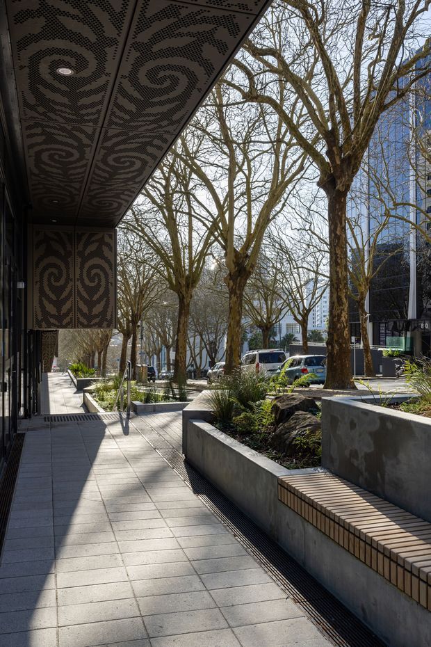 A landscaped urban streetscape viewed from a broad tiled pedestrian walkway beside a modern commercial building. The building has a dark metal perforated canopy and matching decorative patterned wall panels, while raised concrete planters with integrated timber bench seating, rocks, and grasses line the path. Mature deciduous street trees, parked vehicles, and neighbouring high-rise buildings are visible beyond.