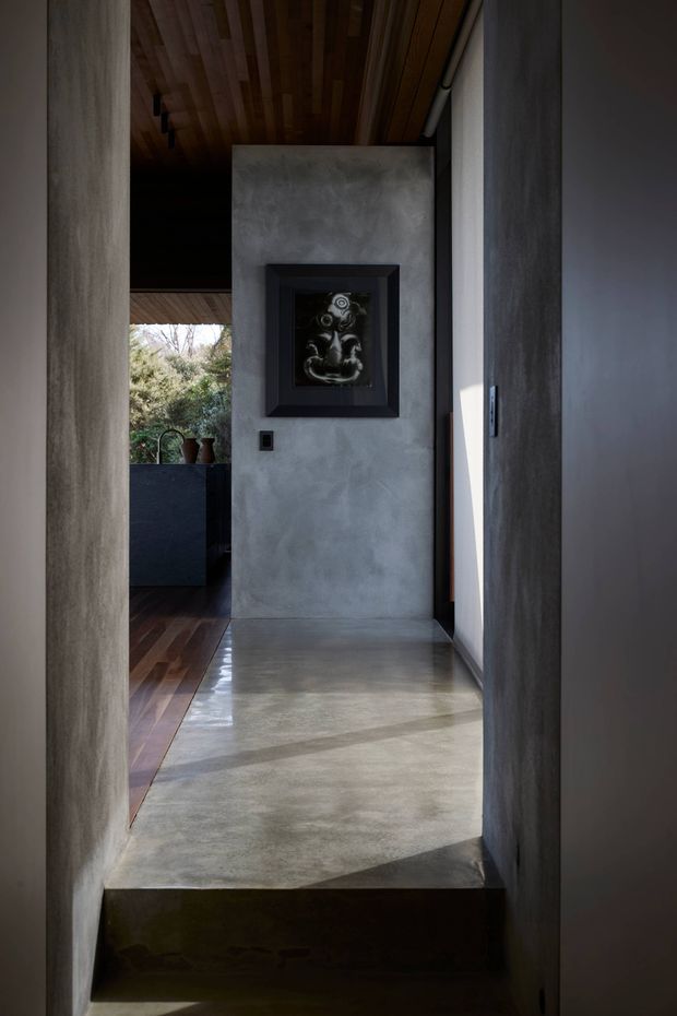 A narrow, moody interior hallway or entry passage with a raised polished concrete floor, dark timber ceiling, textured grey plaster walls, and a framed artwork at the end. A transition into an adjacent darker timber-floored area and partial outdoor greenery is visible to the left. Strong sunlight enters from the right, creating diagonal shadows across the floor.