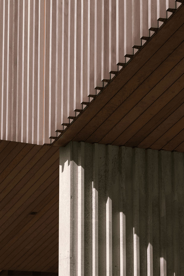 Close-up architectural detail of a strongly geometric building facade and projecting roof or soffit. Dark brown timber boards run diagonally across the underside and lower wall, contrasting with a vertically ribbed pale facade above. A textured grey concrete wall forms the central structural element, with sharp sunlight casting repeated narrow vertical shadows across it. The image is an abstract, minimalist study of material, rhythm, structure, and light, with no visible room furnishings or landscape context.