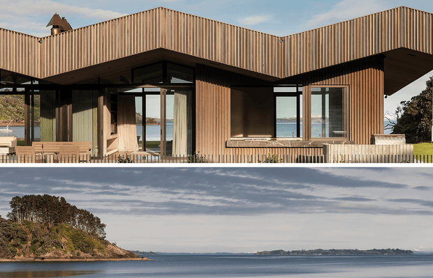 A contemporary single-storey waterfront house with a strongly articulated folded roofline and extensive glazing. The facade is clad in closely spaced vertical timber battens, with deep dark overhangs, sheltered outdoor dining, and views across calm water. A secondary panoramic view below shows the surrounding coastal inlet and wooded shoreline.