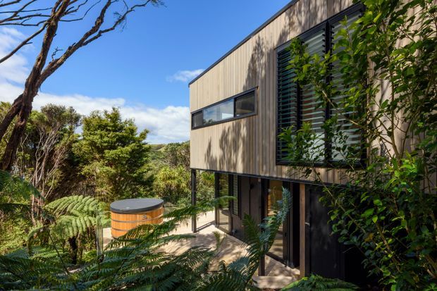 Exterior view of a contemporary elevated home set among dense native vegetation. The building has a simple rectangular form, vertical timber cladding, dark window and door frames, large louvred glazing, and a raised lower level supported on slender posts. A cylindrical outdoor water tank is visible beside the building, with a paved path leading beneath the upper volume.