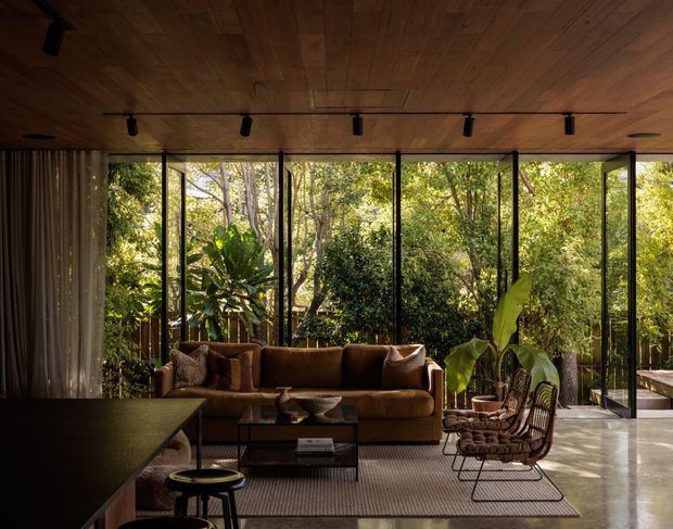 A moody, sophisticated living room with a warm timber ceiling, dark linear track lighting, full-height black-framed glazing, and expansive views into dense greenery. The room contains a large brown sofa, textured cushions, a low black coffee table, woven lounge chairs, a dark stone-like table or island in the foreground, and polished light flooring. Indoor tropical plants reinforce the connection to the surrounding garden.