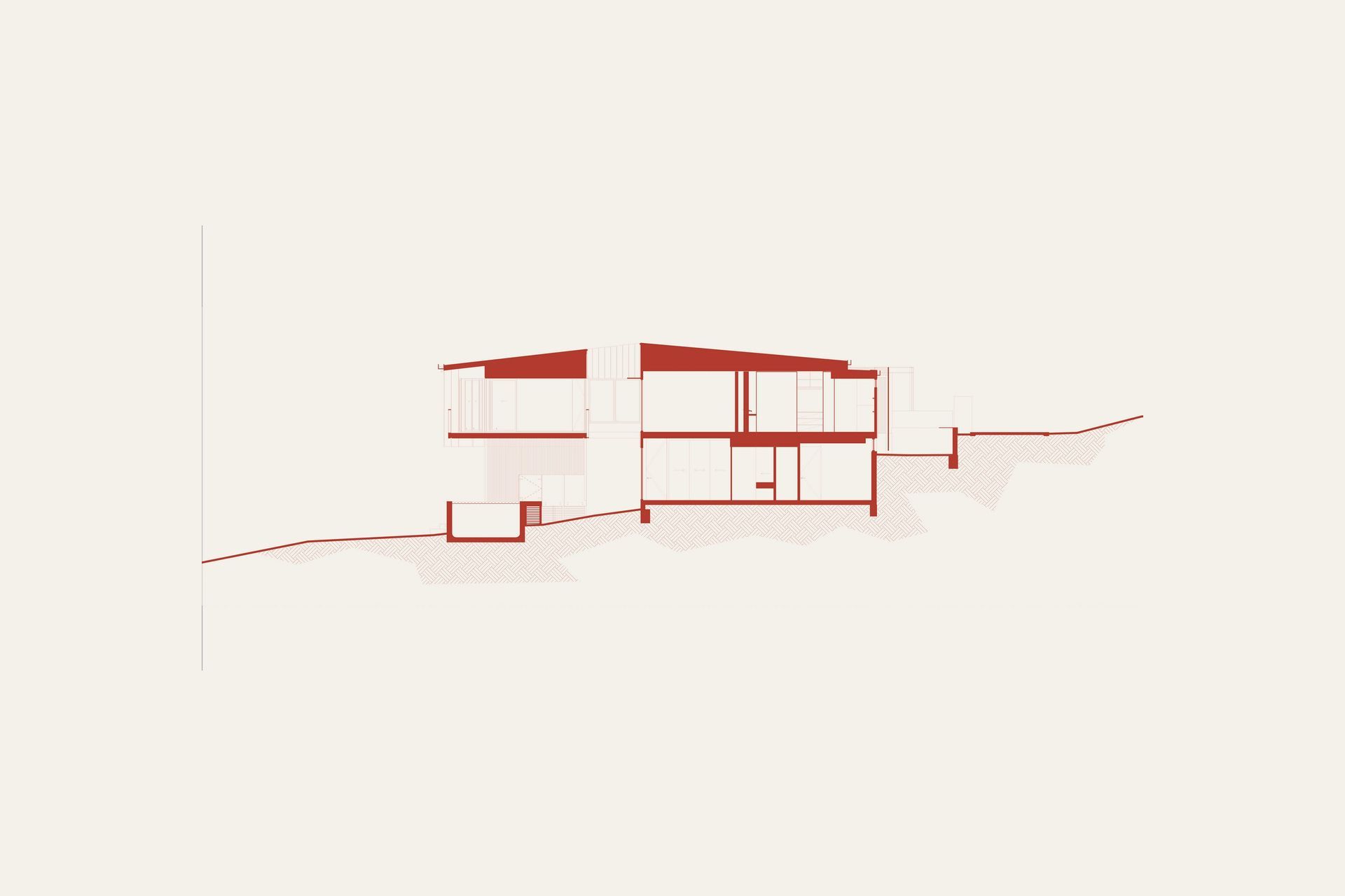 The Dual House - Section. Section drawing showing the two levels stepping down the site.
