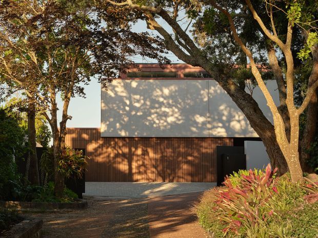 Exterior view of a contemporary multi-level residence partially screened by mature trees and landscaped planting. The facade combines a broad smooth light-coloured upper volume with dark vertical timber cladding at the lower level, a large dark garage or entry door, and a paved driveway approaching the building. Warm late-day sunlight creates strong dappled shadows across the facade and ground.