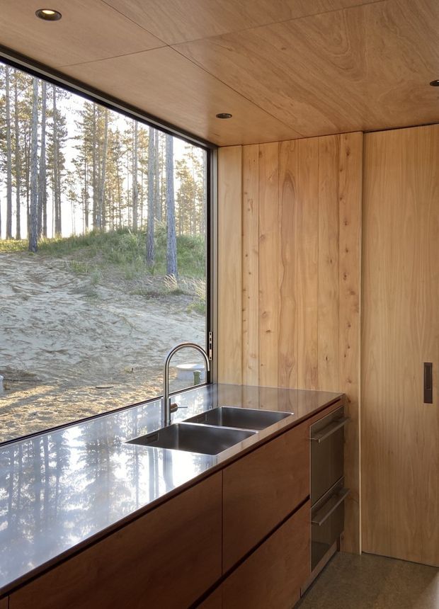 Compact contemporary kitchen in a timber-lined interior, featuring warm vertical timber wall and ceiling panels, dark wood cabinetry, a reflective dark stone or engineered-stone benchtop, integrated stainless-steel double sink and tap, and built-in appliances. A large corner window provides views into a pine forest and brings in abundant natural light. The space has a simple, compact cabin-like character with recessed downlights and minimal detailing.