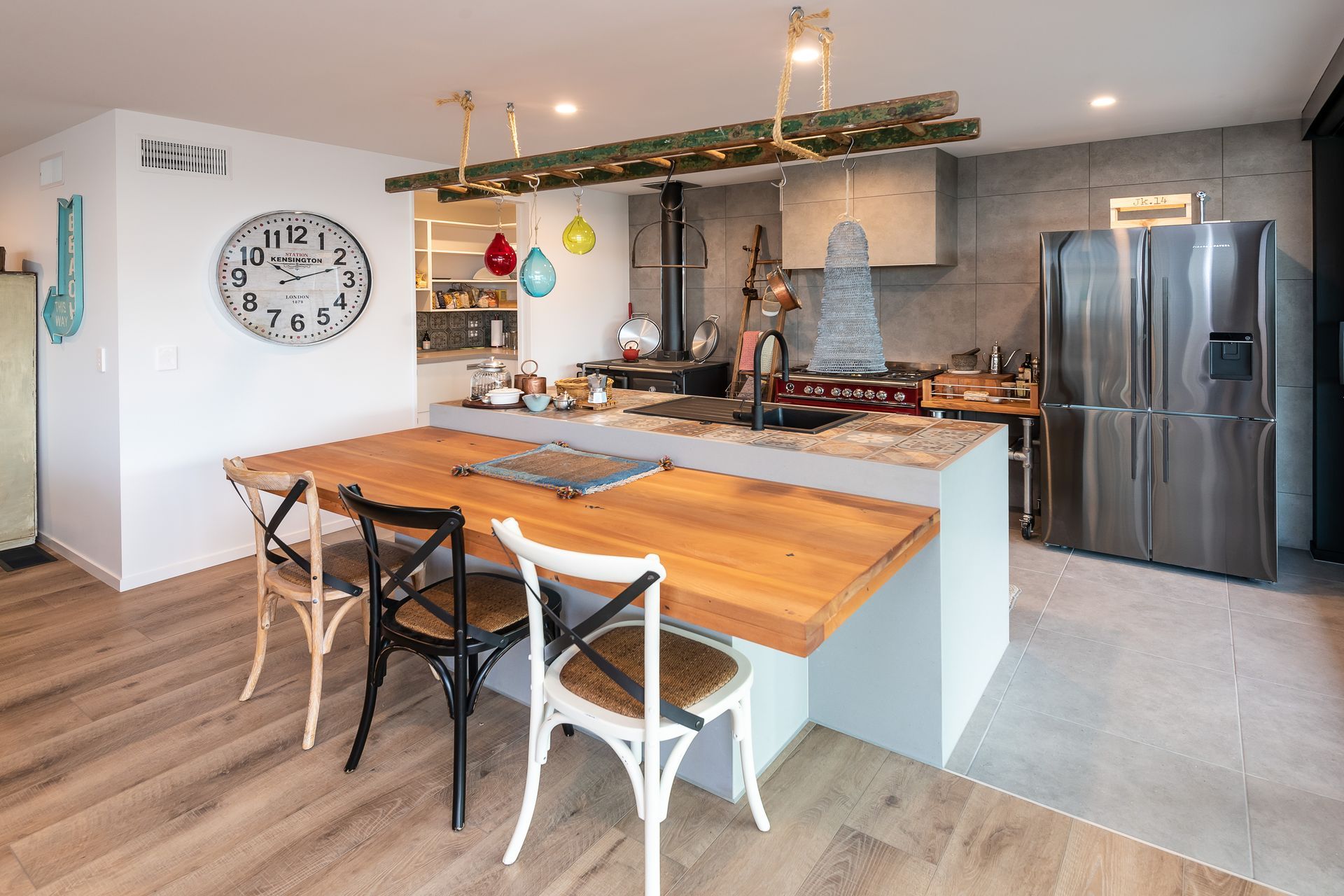 Neptune Max Natural Oak. Tracks Ash 600x600mm. Kitchen Bench Top Memory Mood 200x200mm tiles mixed.