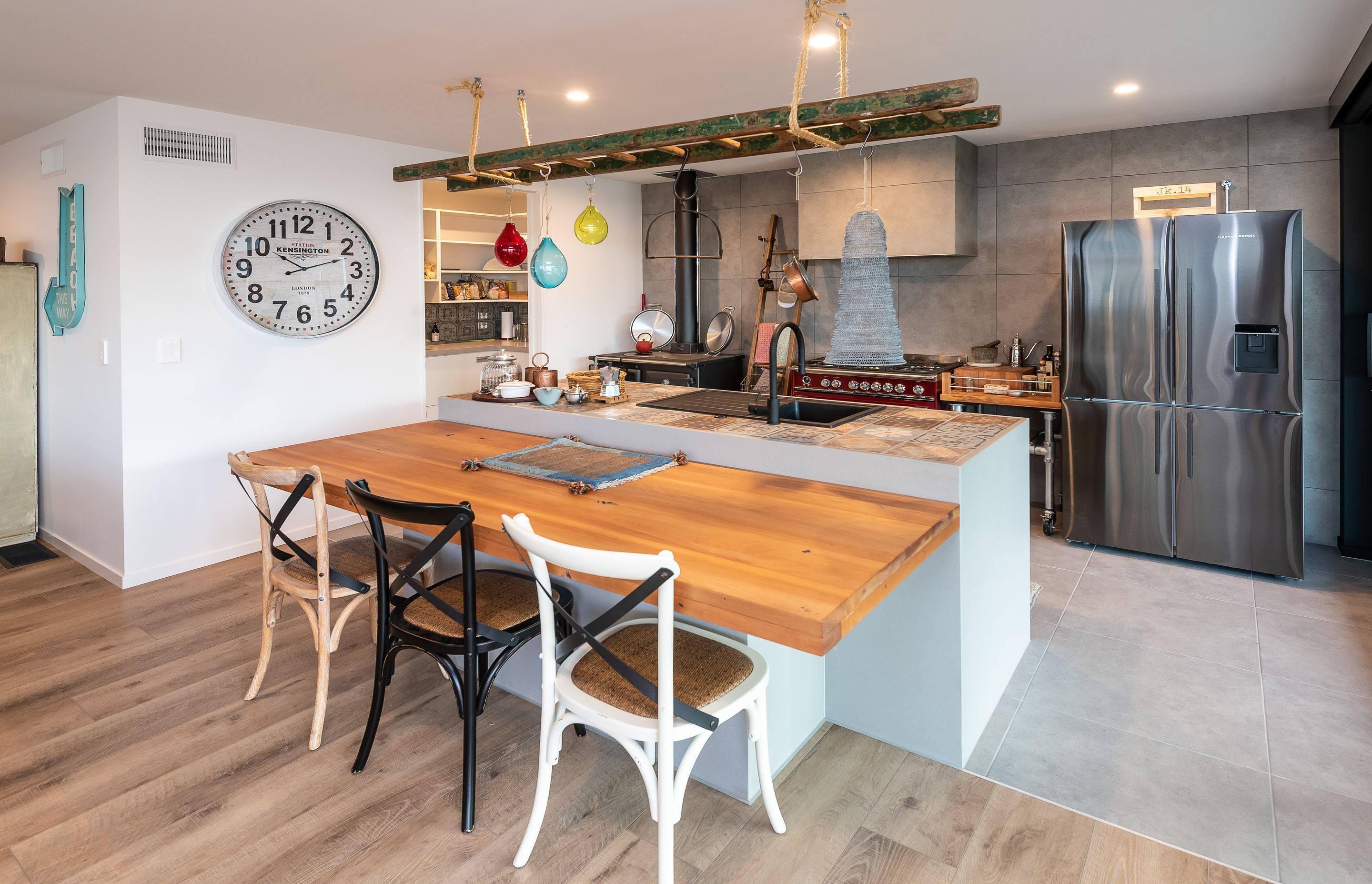 Neptune Max Natural Oak. Tracks Ash 600x600mm. Kitchen Bench Top Memory Mood 200x200mm tiles mixed.