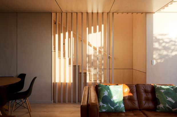 Warm contemporary interior featuring a timber-lined ceiling, light timber flooring and built-in cabinetry, with a vertical timber slat screen filtering sunlight between the living area and an adjoining space. A brown leather sofa with patterned cushions occupies the foreground, while a dark dining table and chairs are partially visible to the left. Strong sunlight creates pronounced shadows across the timber surfaces.
