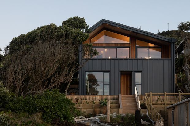 Exterior view of a compact contemporary two-storey home set among landscaped coastal vegetation. The house has dark vertical metal cladding, extensive upper-level glazing, warm timber soffits and framing, and a single-slope gabled roof form. Timber stairs lead up through a planted front garden to the recessed entry.