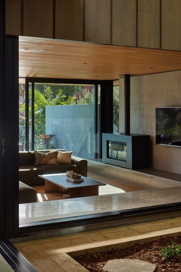 A warm, modern living room viewed through expansive floor-to-ceiling glazing from an outdoor garden path. The room features a timber-lined ceiling, dark-framed glass doors, a concrete-toned feature wall and hearth, a freestanding black fireplace, wall-mounted television, and a low upholstered sofa arranged around a simple coffee table. Strong indoor-outdoor connection, natural light, and lush planting are visible beyond the glazing.