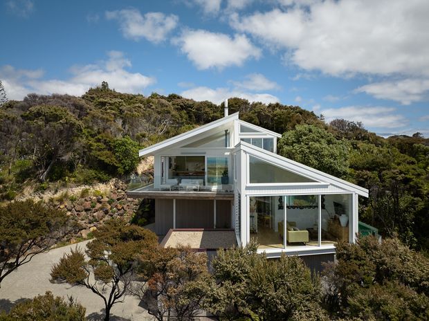 Exterior view of a contemporary multi-level house set into a densely vegetated, rocky hillside. The building has a dramatic asymmetric pitched roof with extensive floor-to-ceiling glazing, white structural framing, and a partially elevated lower level. Native-looking landscaped vegetation and stone retaining elements surround the home.