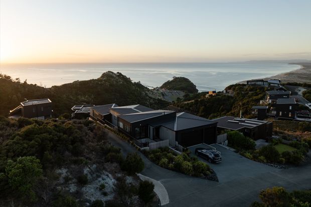 Aerial view of a contemporary coastal residential development set among dense native vegetation and sandy terrain. Several dark-clad, low-profile homes with flat or shallow-pitched roofs line winding driveways, overlooking the ocean and a curving shoreline in the distance. The scene is photographed at warm sunset light.