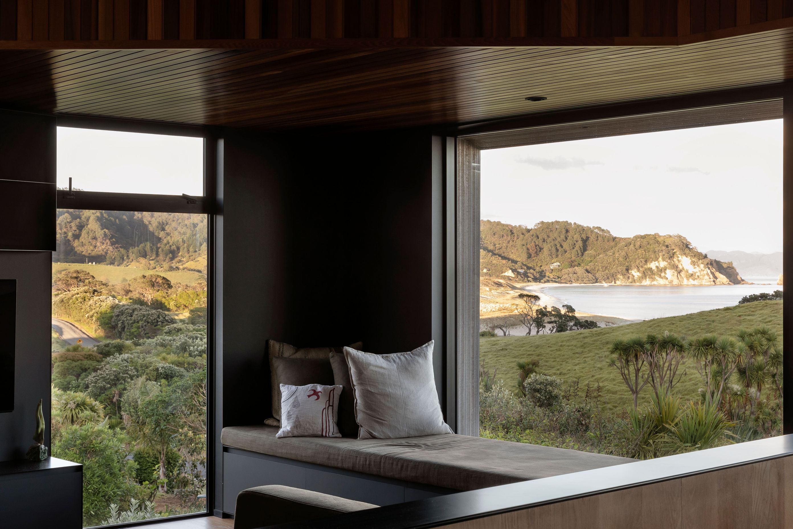 A built-in daybed is the perfect spot to enjoy the bay views.