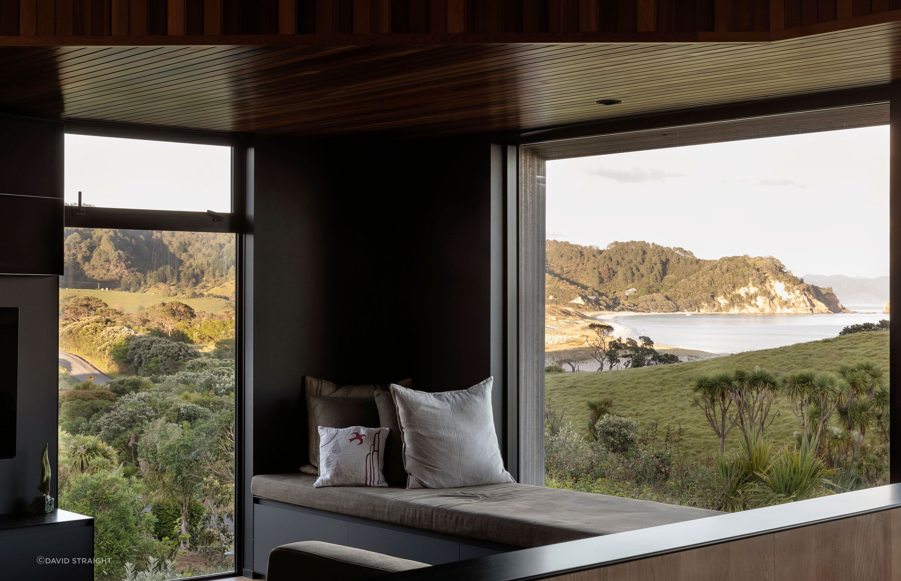A built-in daybed is the perfect spot to enjoy the bay views.