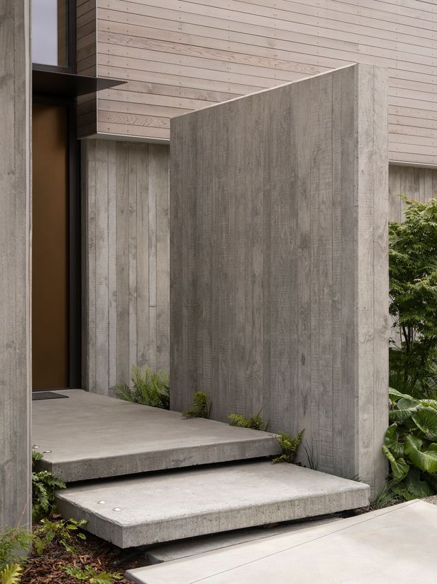 Close-up exterior view of a contemporary entry sequence with floating raw concrete steps, tall board-formed concrete privacy walls, vertical concrete wall panels, pale horizontal timber cladding, and a dark recessed entry door. Lush planting softens the minimalist architectural composition.