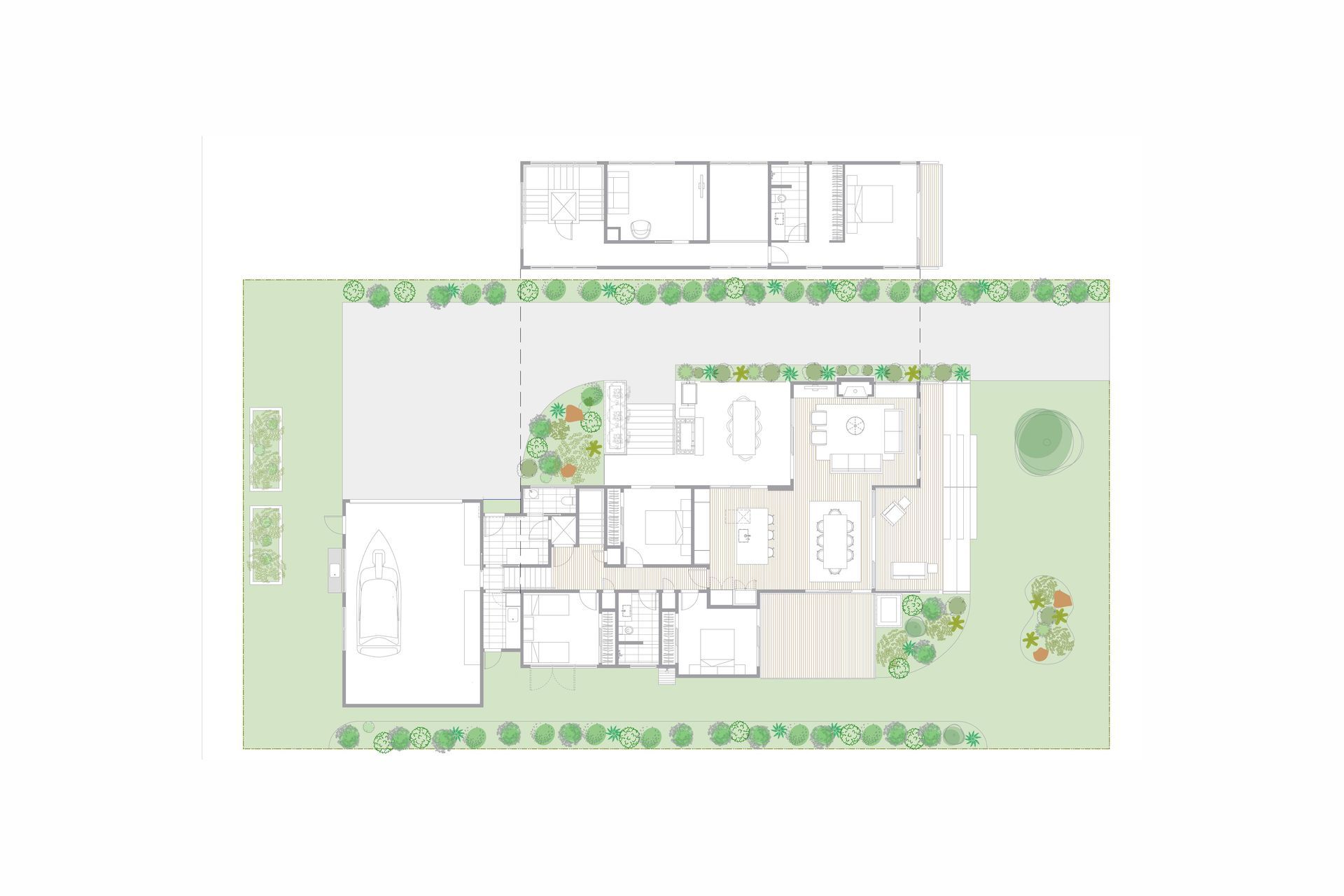 Architectural floor plan by Rogan Nash Architects illustrating the carefully considered layout of Driftwood, a contemporary coastal home at Opito Bay in the Coromandel. The plan shows the relationship between the open-plan kitchen, dining and living spaces, private bedroom areas and generous outdoor decks, designed to maximise the home's connection to the beach, ocean views and coastal landscape.