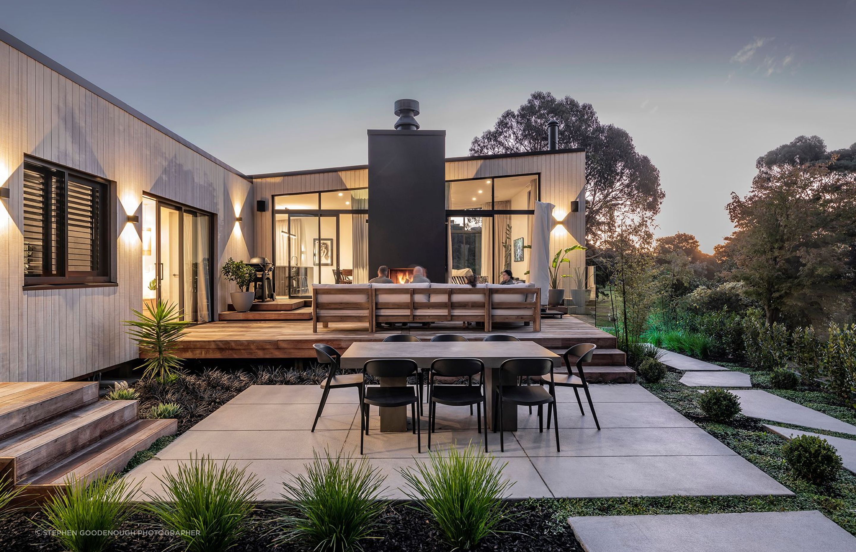 The outdoor living area connects seamlessly to the internal living spaces while connecting the occupants privately to the coastal setting