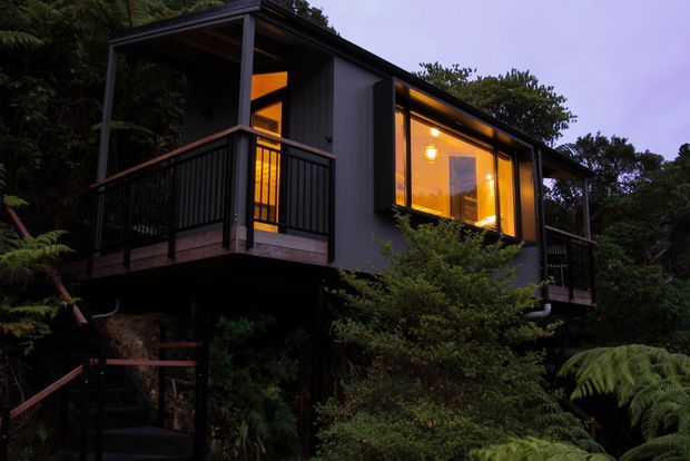 A compact elevated cabin-like dwelling nestled among dense native vegetation, photographed at dusk. The dark contemporary structure has a simple pitched roof, charcoal cladding, extensive warm-lit glazing, and small timber-deck balconies with black metal balustrades. An external stair leads up through the surrounding fern-filled landscape.