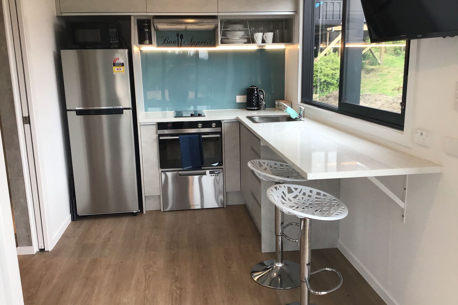 Kitchen with breakfast bar seating for 2 overlooking the view