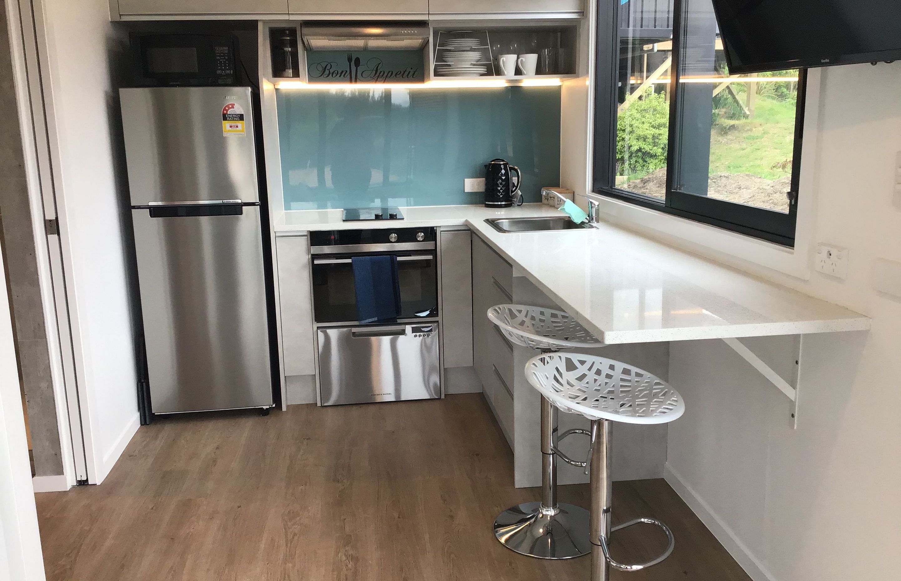 Kitchen with breakfast bar seating for 2 overlooking the view