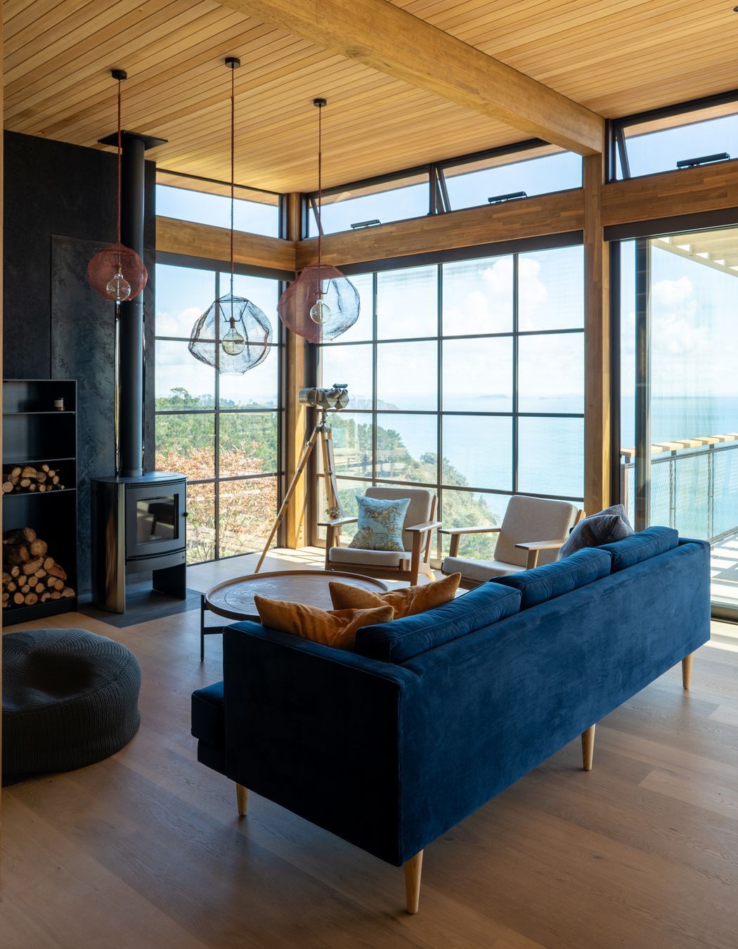 A wood fireplace is perfect to gather around in the cooler months.