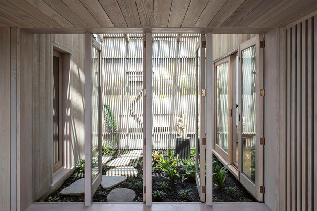 A compact, light-filled enclosed courtyard or passage framed by timber walls, ceiling, and vertical screening. Glazed timber doors and sidelights open toward a planted garden with stepping stones, while a slatted privacy screen filters strong daylight at the far end. The space has a calm, natural, contemporary architectural character.