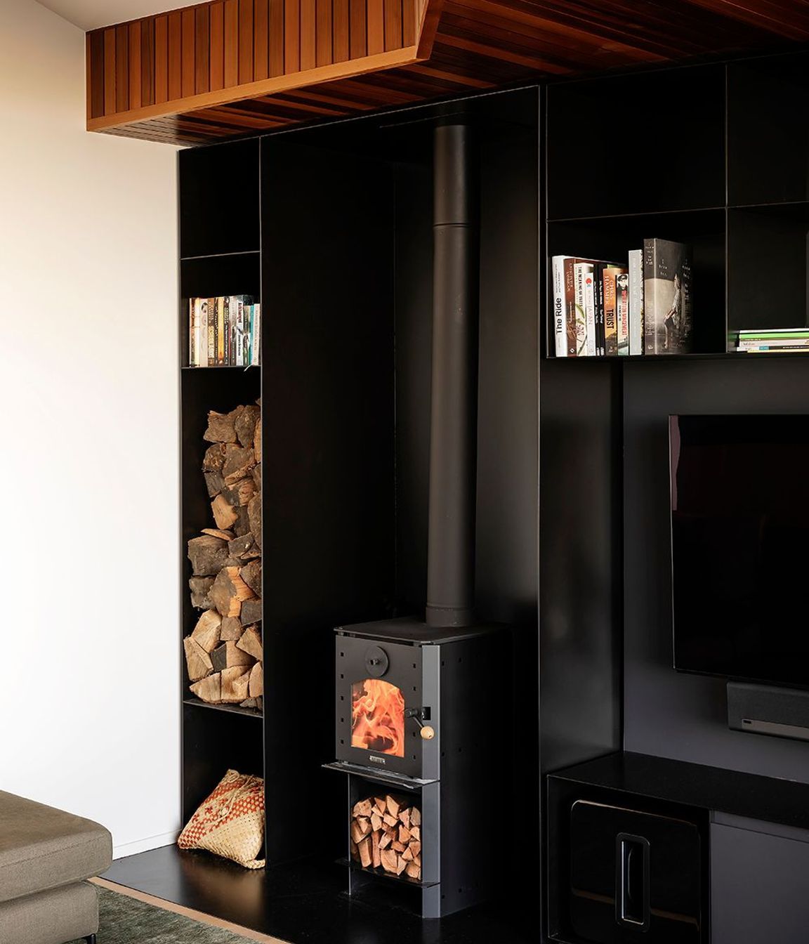 The fireplace in the lounge area.